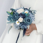 7 Inch Dusty Blue Artificial Flower Bouquet, Round Navy Wedding Flowers, Bulk Wholesale