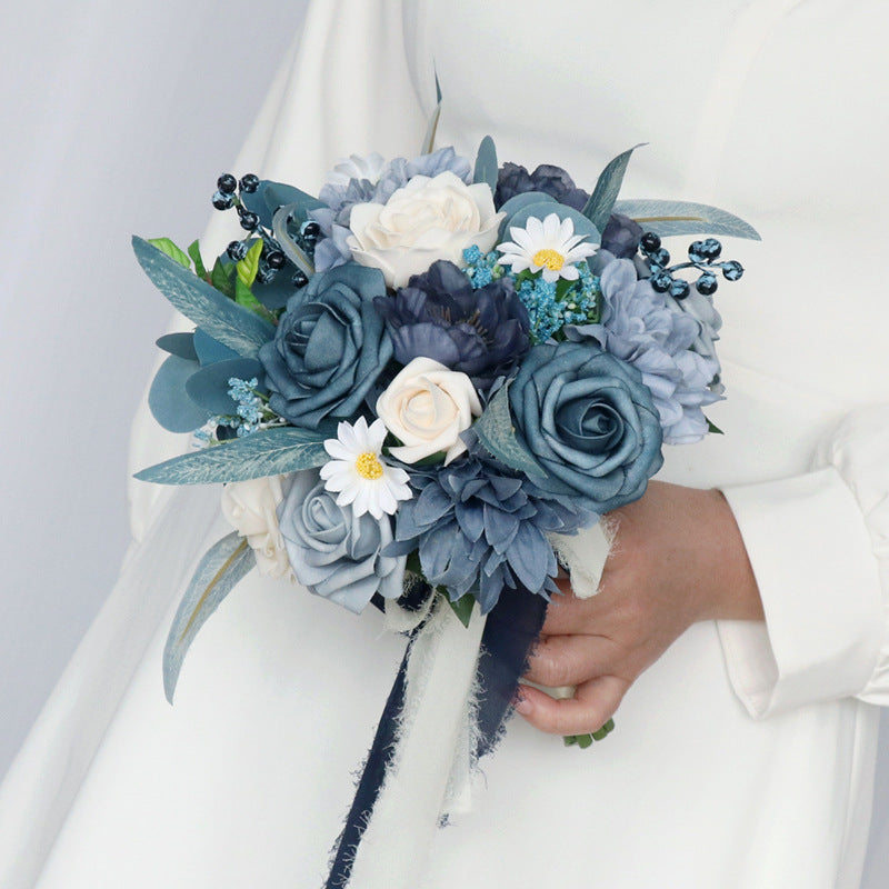 7 Inch Dusty Blue Artificial Flower Bouquet, Round Navy Wedding Flowers, Bulk Wholesale