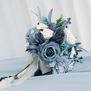 7 Inch Dusty Blue Artificial Flower Bouquet, Round Navy Wedding Flowers, Bulk Wholesale