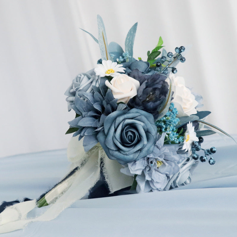 7 Inch Dusty Blue Artificial Flower Bouquet, Round Navy Wedding Flowers, Bulk Wholesale