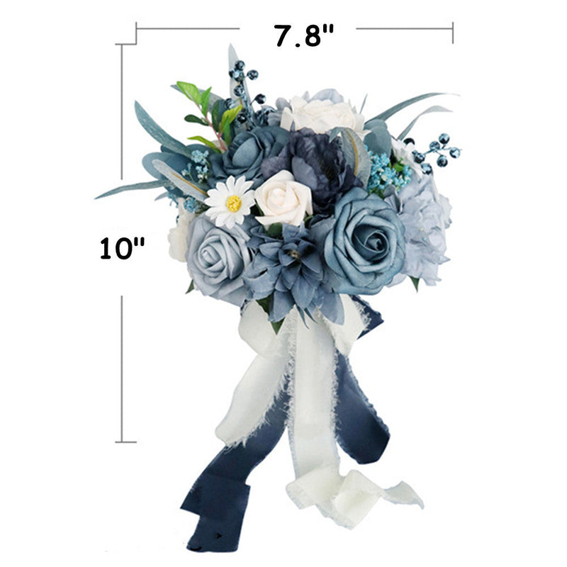 7 Inch Dusty Blue Artificial Flower Bouquet, Round Navy Wedding Flowers, Bulk Wholesale