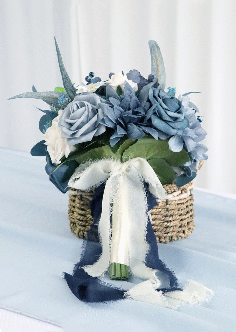 7 Inch Dusty Blue Artificial Flower Bouquet, Round Navy Wedding Flowers, Bulk Wholesale