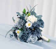 7 Inch Dusty Blue Artificial Flower Bouquet, Round Navy Wedding Flowers, Bulk Wholesale