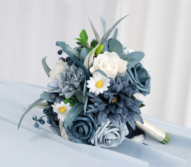 7 Inch Dusty Blue Artificial Flower Bouquet, Round Navy Wedding Flowers, Bulk Wholesale