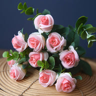 Wedding & Event Rose & Eucalyptus Silk Flower Bouquets, 11-Head Floral Arrangements, 11.8in Tall, Available for Bulk Orders