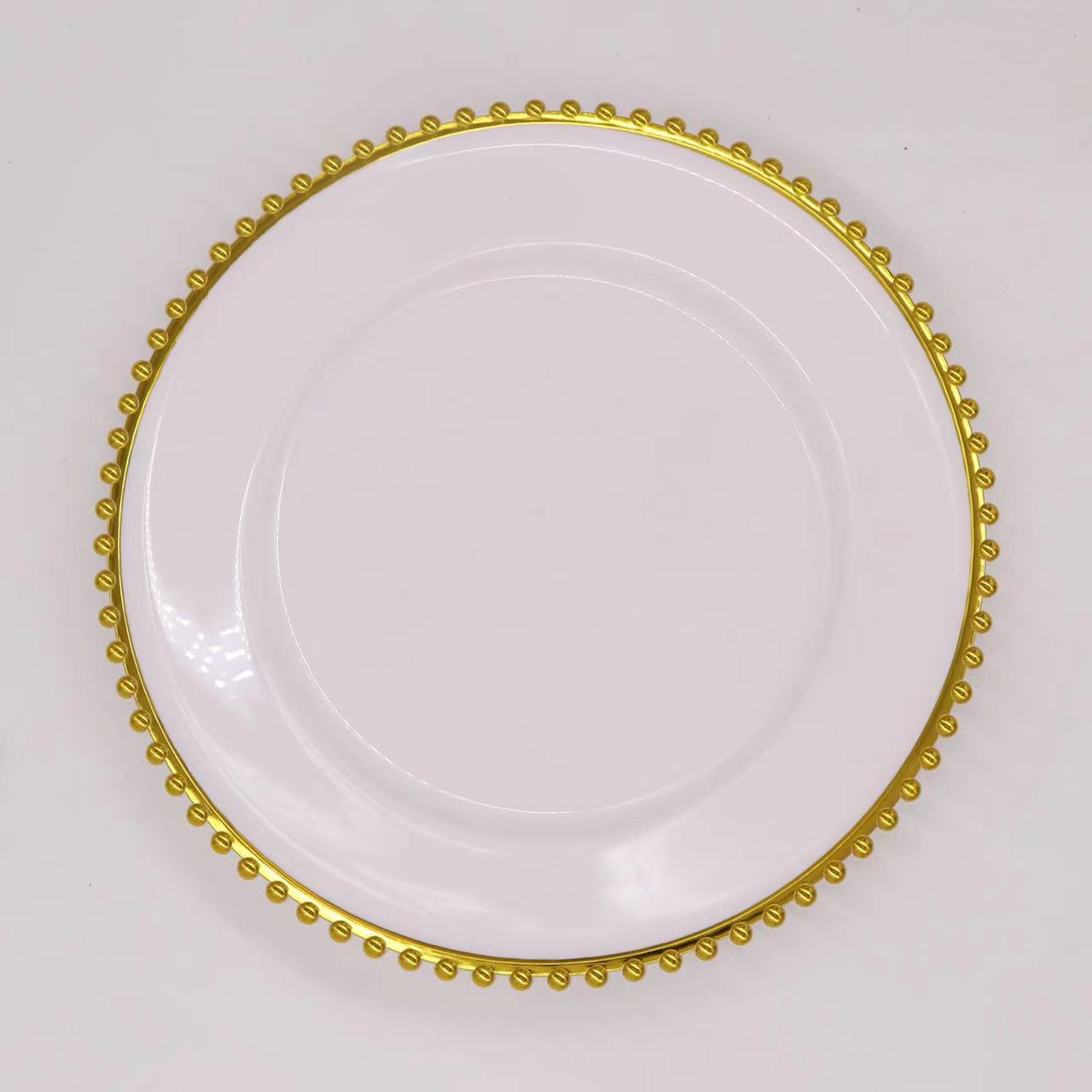 Bulk 100 Pcs Plastic Charger Plates 13" Gold Bead Rim Round Tableware for Wedding Party Event Decor Wholesale