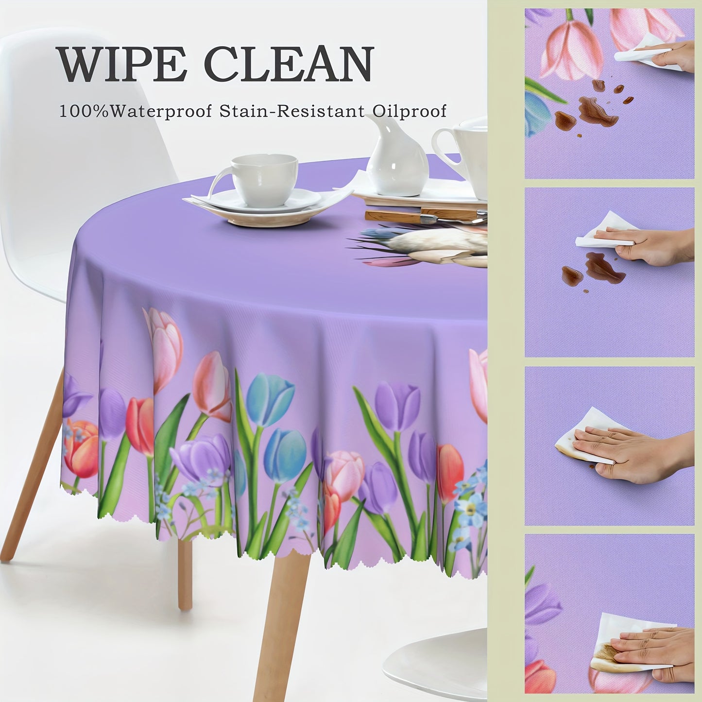 Bulk Spring Rabbit Tulip Printed Tablecloth Stain Resistant Waterproof Embossed Edge Technology Easter Purple Flower Decor Perfect for Events Parties Wholesale
