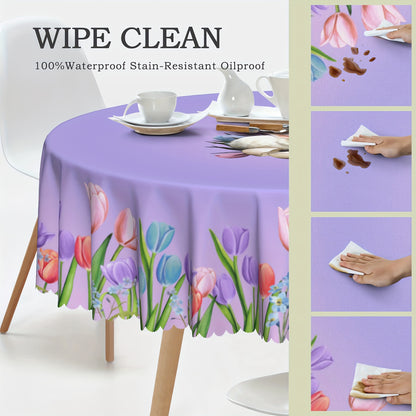 Bulk Spring Rabbit Tulip Printed Tablecloth Stain Resistant Waterproof Embossed Edge Technology Easter Purple Flower Decor Perfect for Events Parties Wholesale