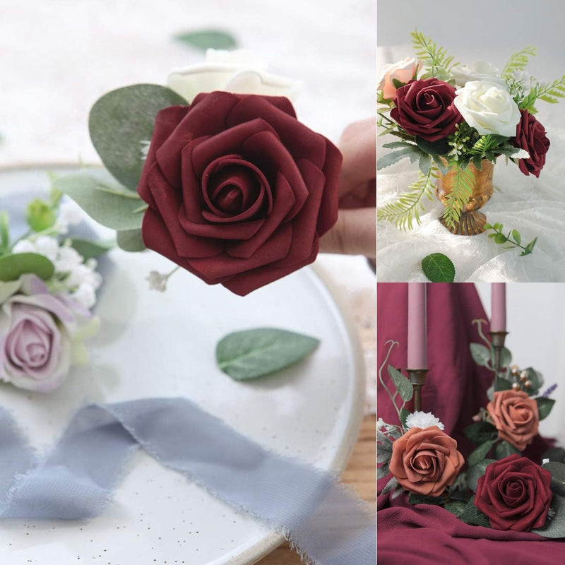 25 Pcs Artificial Foam Roses with Bendable Stems, 12 Inch, Ivory White Purple for DIY Wedding Bouquets and Centerpieces