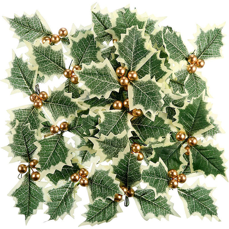 50 Pcs Artificial Christmas Holly Berries with Greenery Leaves Bulk Pack for Decoration