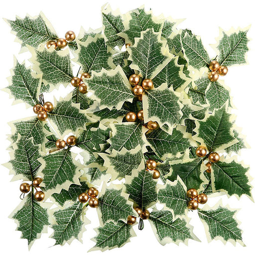50 Pcs Artificial Christmas Holly Berries with Greenery Leaves Bulk Pack for Decoration
