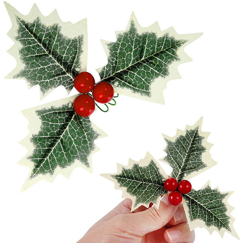 50 Pcs Artificial Christmas Holly Berries with Greenery Leaves Bulk Pack for Decoration