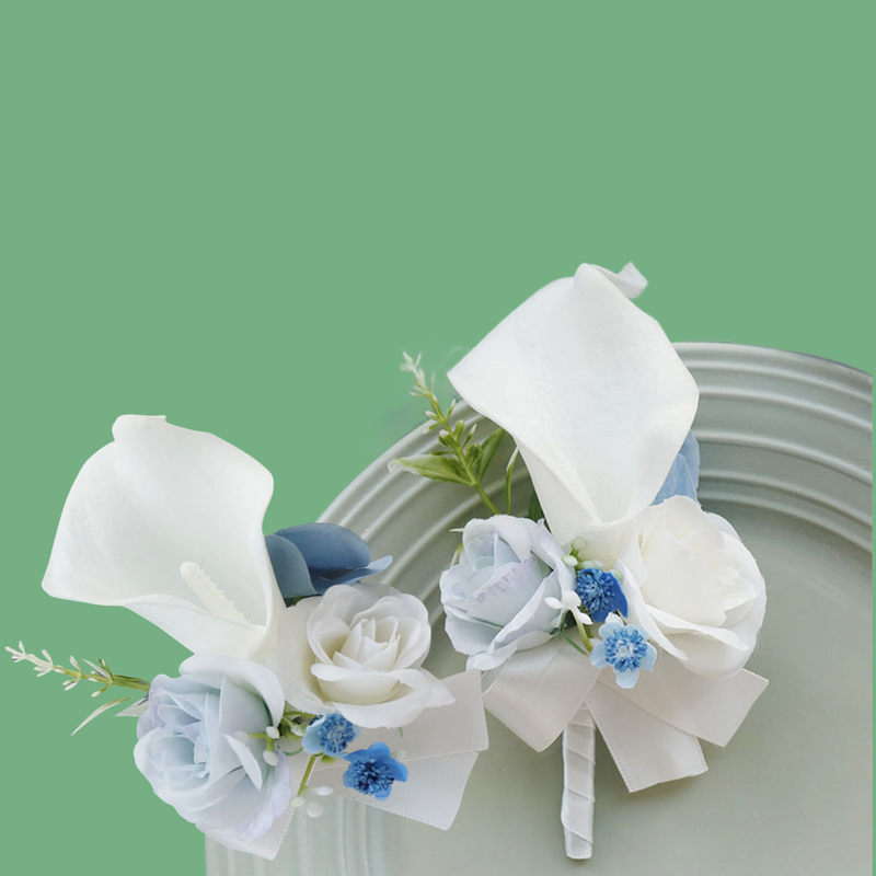 10 Pcs White and Blue Artificial Calla Lily Corsage and Boutonniere Set