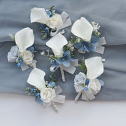 10 Pcs White and Blue Artificial Calla Lily Corsage and Boutonniere Set