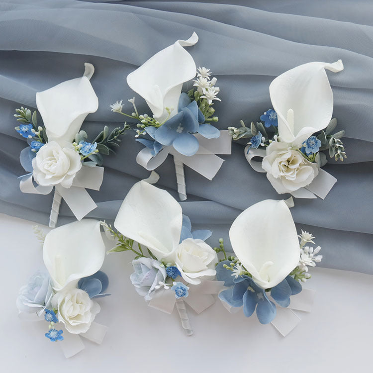 10 Pcs White and Blue Artificial Calla Lily Corsage and Boutonniere Set