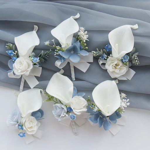 10 Pcs White and Blue Artificial Calla Lily Corsage and Boutonniere Set