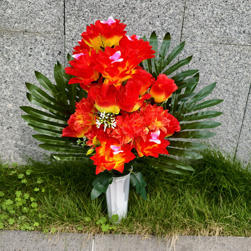 18 Inch 24 Stems Fall Artificial Sunset Flowers with Vase for Cemetery Grave Memorial Decor