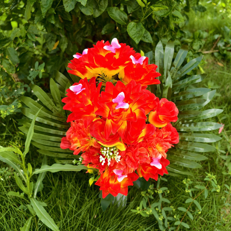 18 Inch 24 Stems Fall Artificial Sunset Flowers with Vase for Cemetery Grave Memorial Decor