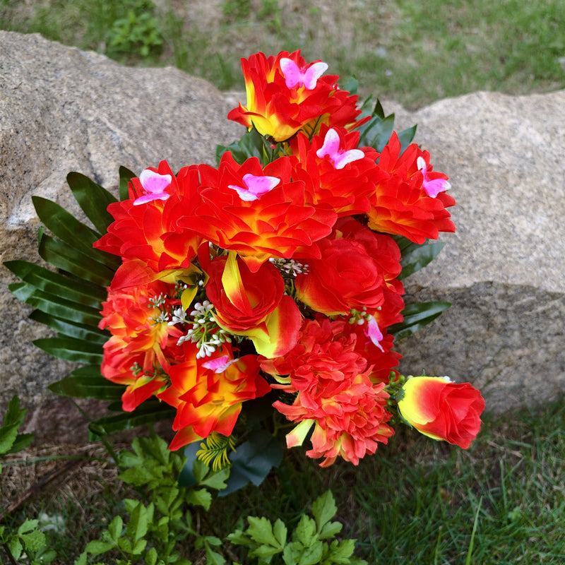 18 Inch 24 Stems Fall Artificial Sunset Flowers with Vase for Cemetery Grave Memorial Decor