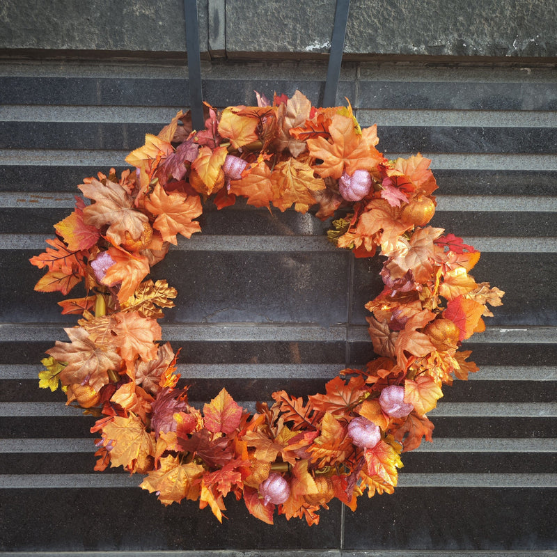 26 Inch Large Fall Pumpkin and Maple Leaf Wreath for Front Door, Artificial Autumn Decor, Bulk Quantity