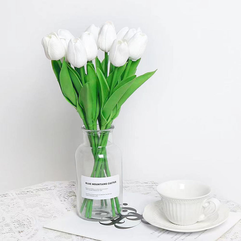 20 Pcs White Artificial Tulip Stems 12 Inch Silk Faux Flowers for Spring Easter Mother's Day Decor