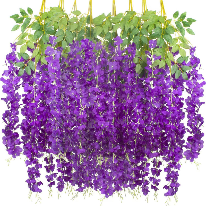 12 Inch Artificial Wisteria Hanging Flowers Garland, 12 Pcs, Purple, Silk, Wedding & Garden Wall Decor