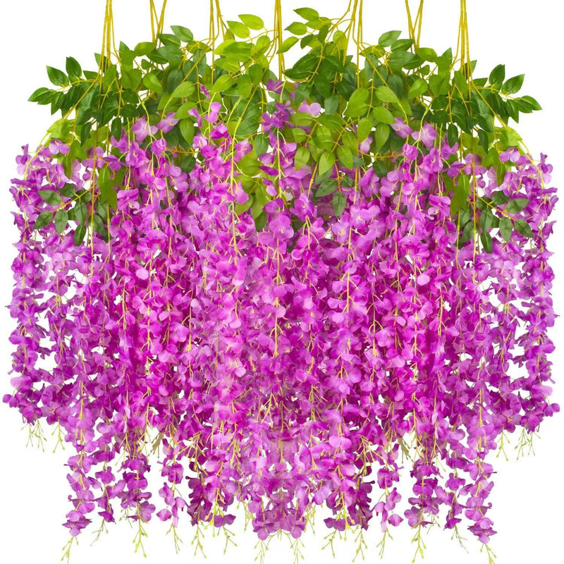 12 Inch Artificial Wisteria Hanging Flowers Garland, 12 Pcs, Purple, Silk, Wedding & Garden Wall Decor