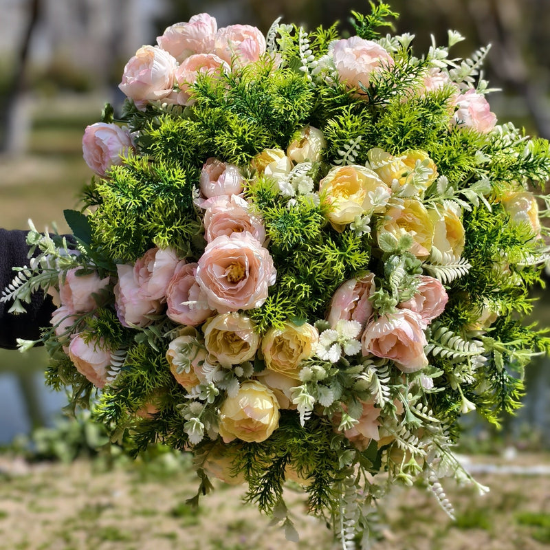 Faux Peony Bush Flowers with Greenery, 10 Stems, Artificial Silk, Outdoor Decorative Plants