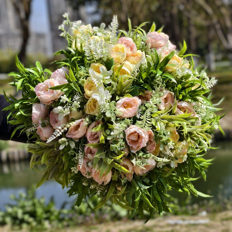 Faux Peony Bush Flowers with Greenery, 10 Stems, Artificial Silk, Outdoor Decorative Plants