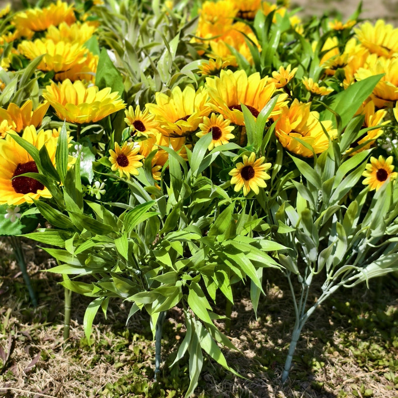 16 Bundles Artificial Sunflower Bushes with Greenery, Outdoor Silk Flowers, Bulk Pack