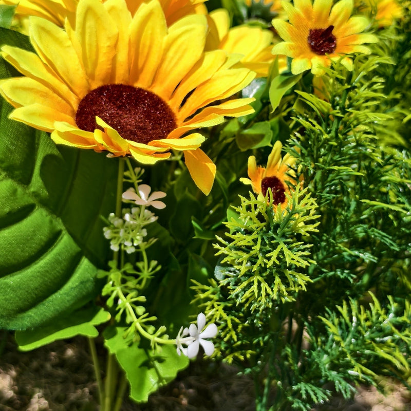 16 Bundles Artificial Sunflower Bushes with Greenery, Outdoor Silk Flowers, Bulk Pack