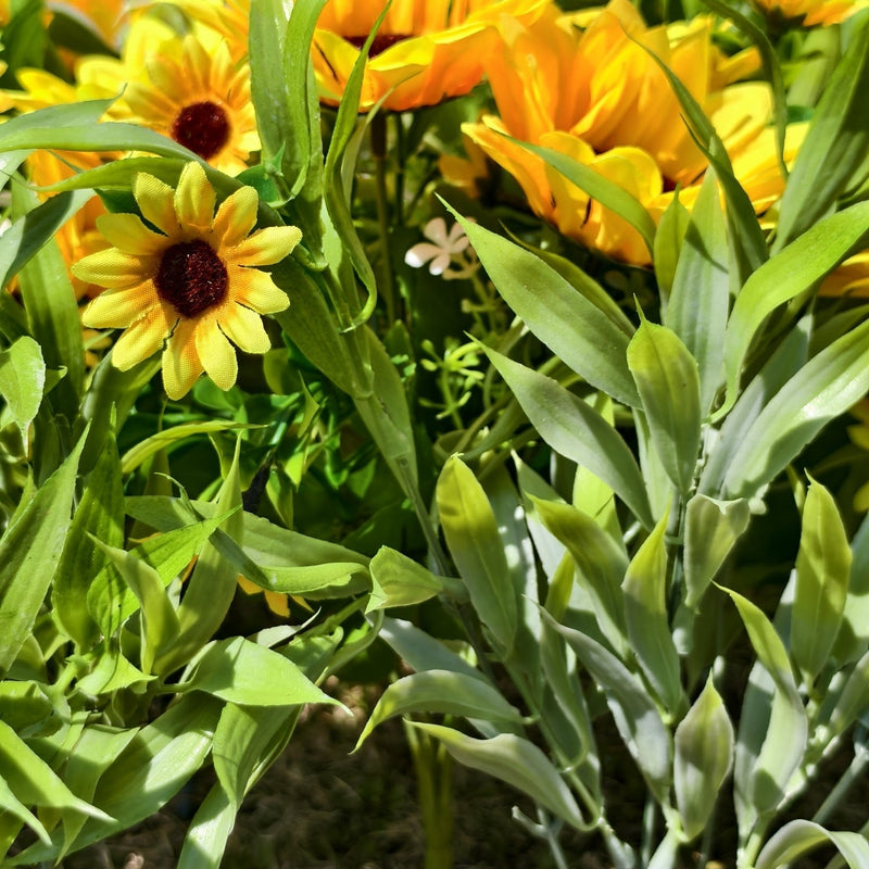 16 Bundles Artificial Sunflower Bushes with Greenery, Outdoor Silk Flowers, Bulk Pack
