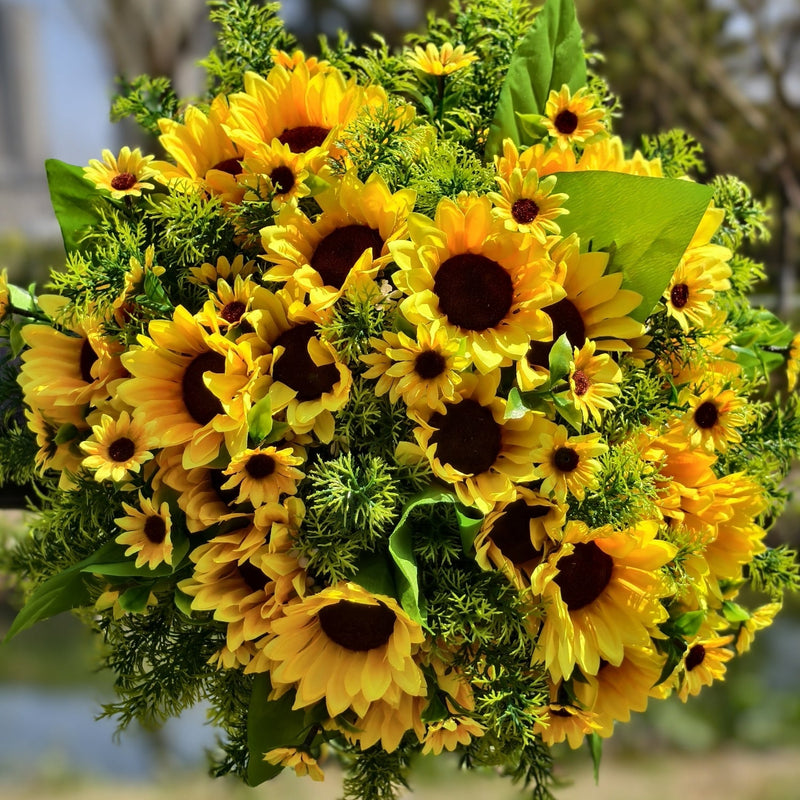 16 Bundles Artificial Sunflower Bushes with Greenery, Outdoor Silk Flowers, Bulk Pack