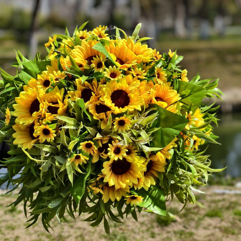 16 Bundles Artificial Sunflower Bushes with Greenery, Outdoor Silk Flowers, Bulk Pack
