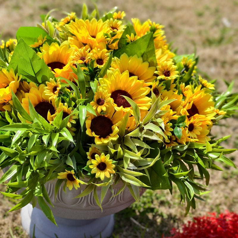 16 Bundles Artificial Sunflower Bushes with Greenery, Outdoor Silk Flowers, Bulk Pack