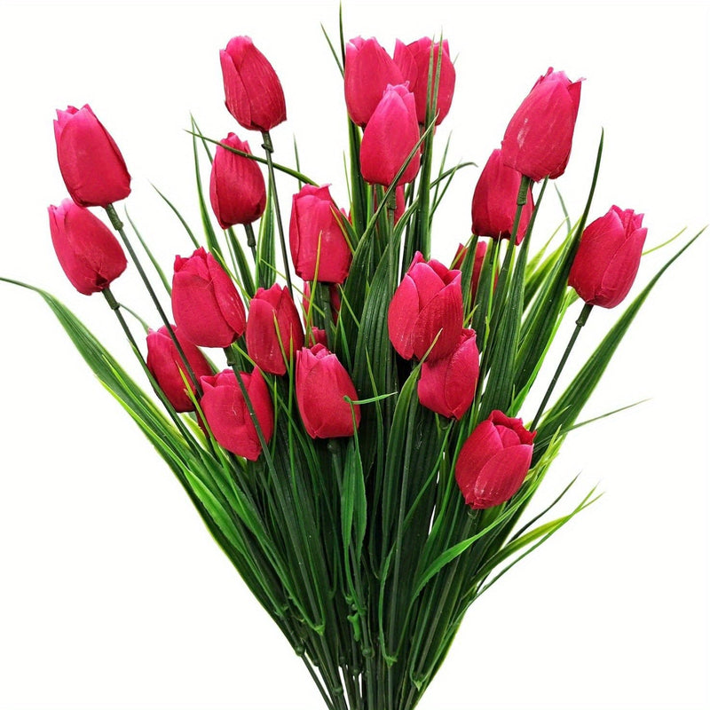 4 Bundles UV-Resistant Artificial Tulip Bushes for Indoor Outdoor Decor, Silk Flowers