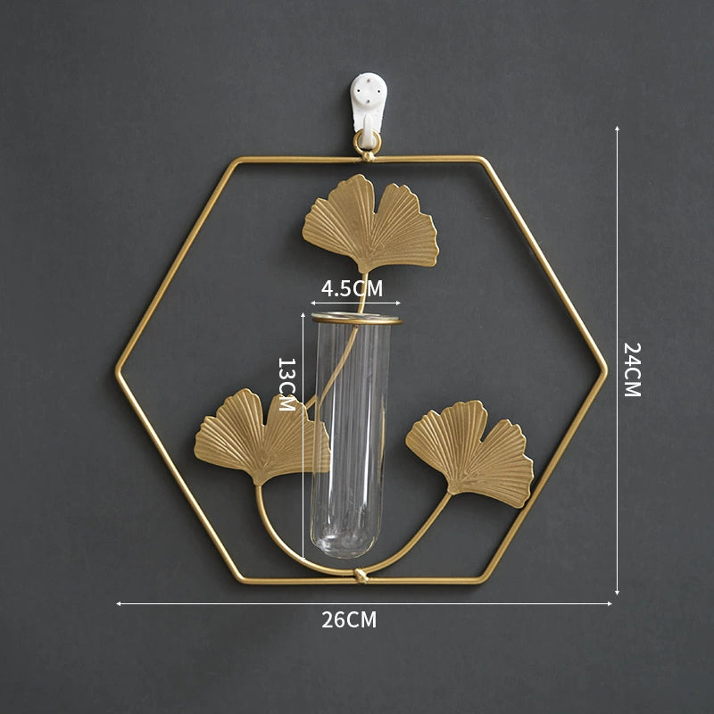 Bulk Wall Mounted Gold Metal Plant Stand with Glass Tube Vase Hanging Planter for Home Living Room Office Decor Wholesale