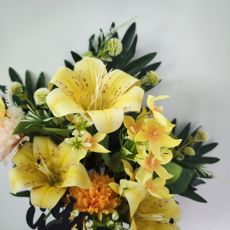 10 Pcs Artificial Tiger Lilies and Mums Cemetery Flowers with Floral Vase Stake for Grave Decoration