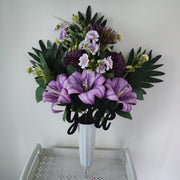 10 Pcs Artificial Tiger Lilies and Mums Cemetery Flowers with Floral Vase Stake for Grave Decoration