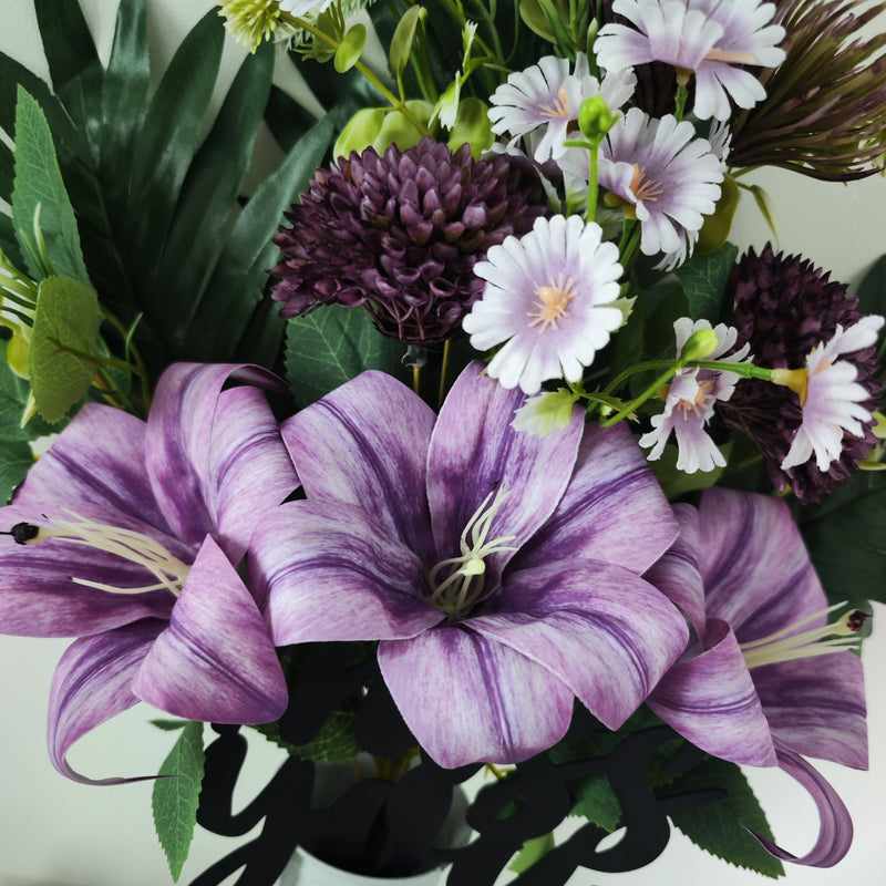10 Pcs Artificial Tiger Lilies and Mums Cemetery Flowers with Floral Vase Stake for Grave Decoration