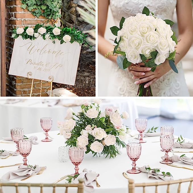 25 Pcs Artificial Foam Roses with Stems White 12 Inch Realistic DIY Wedding Bouquet Centerpieces