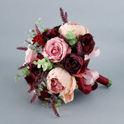 9 Inch Burgundy French Round Bridal Rose Bouquets, 10 Pcs Artificial Wedding Flowers