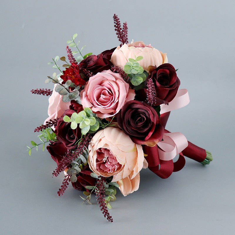 9 Inch Burgundy French Round Bridal Rose Bouquets, 10 Pcs Artificial Wedding Flowers