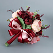 9 Inch Burgundy French Round Bridal Rose Bouquets, 10 Pcs Artificial Wedding Flowers