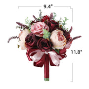 9 Inch Burgundy French Round Bridal Rose Bouquets, 10 Pcs Artificial Wedding Flowers