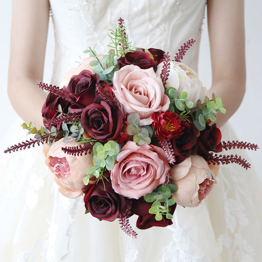9 Inch Burgundy French Round Bridal Rose Bouquets, 10 Pcs Artificial Wedding Flowers