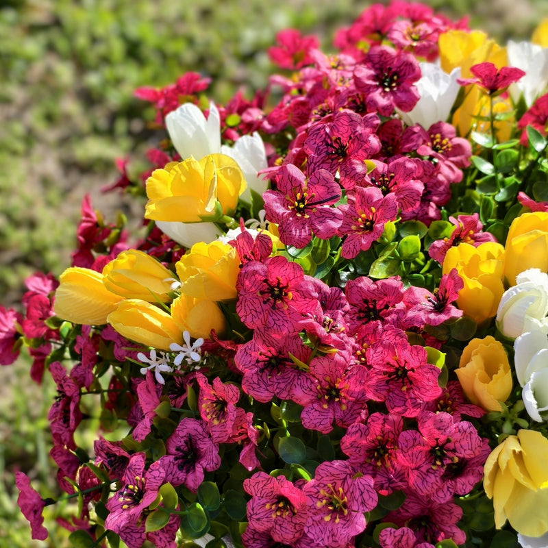16 Bundles Artificial Spring Fuchsia Yellow Flowers UV Resistant Outdoor Plants