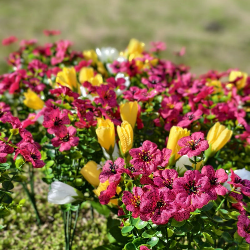 16 Bundles Artificial Spring Fuchsia Yellow Flowers UV Resistant Outdoor Plants