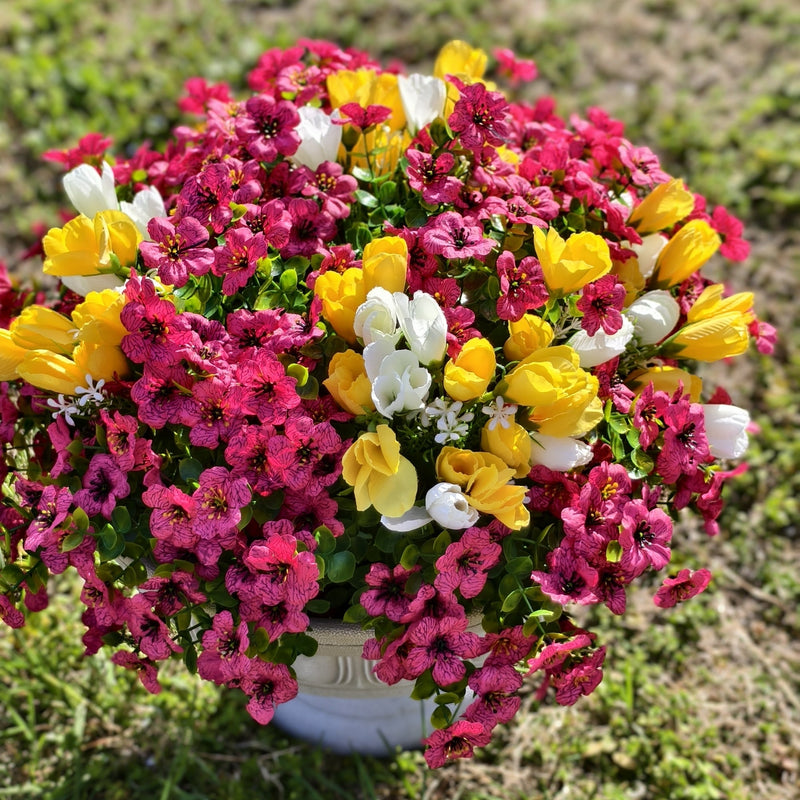 16 Bundles Artificial Spring Fuchsia Yellow Flowers UV Resistant Outdoor Plants