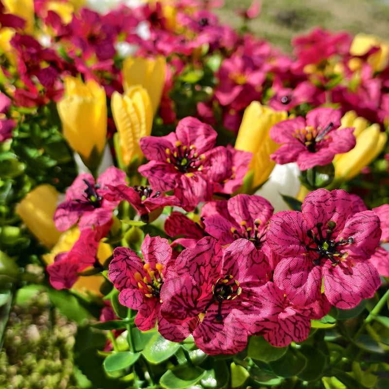 16 Bundles Artificial Spring Fuchsia Yellow Flowers UV Resistant Outdoor Plants
